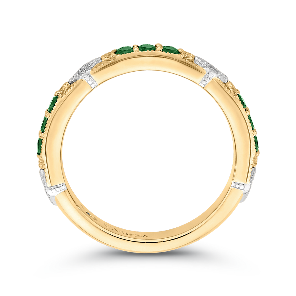 14K Two Tone Gold Round Diamond and Green Tsavorite Wedding Band