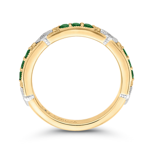 14K Two Tone Gold Round Diamond and Green Tsavorite Wedding Band
