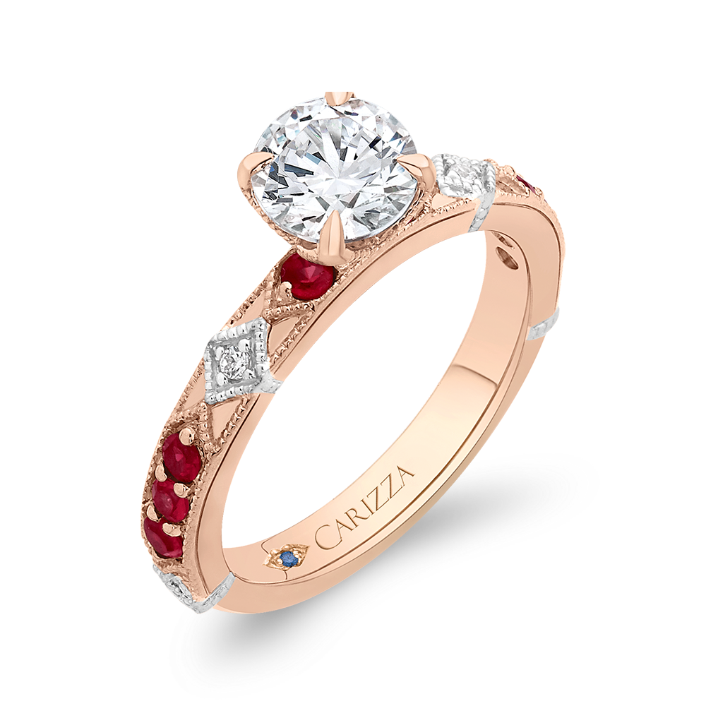 14K Two Tone Gold Round Diamond and Ruby Engagement Ring (Semi Mount)