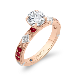 14K Two Tone Gold Round Diamond and Ruby Engagement Ring (Semi Mount)