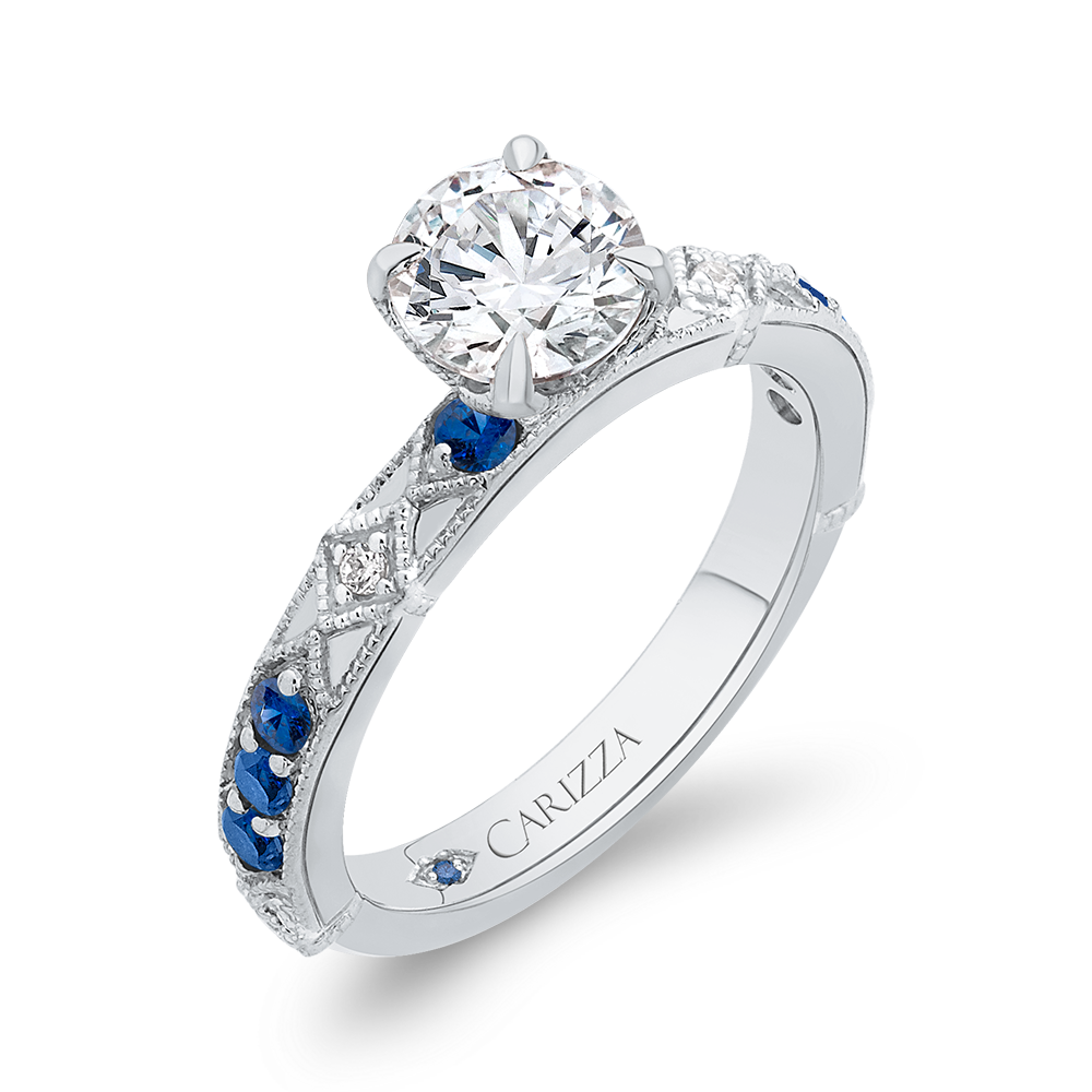 14K White Gold Round Diamond and Sapphire Engagement Ring (Semi Mount)