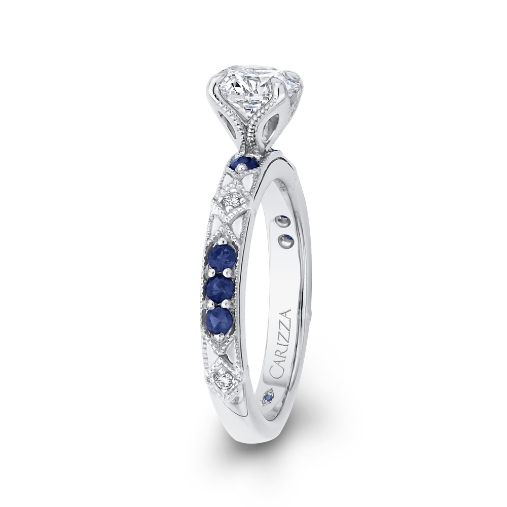 14K White Gold Round Diamond and Sapphire Engagement Ring (Semi Mount)