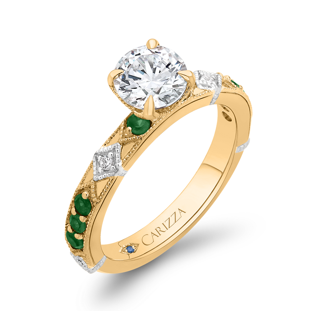 14K Two Tone Gold Round Diamond and Green Tsavorite Engagement Ring (Semi Mount)