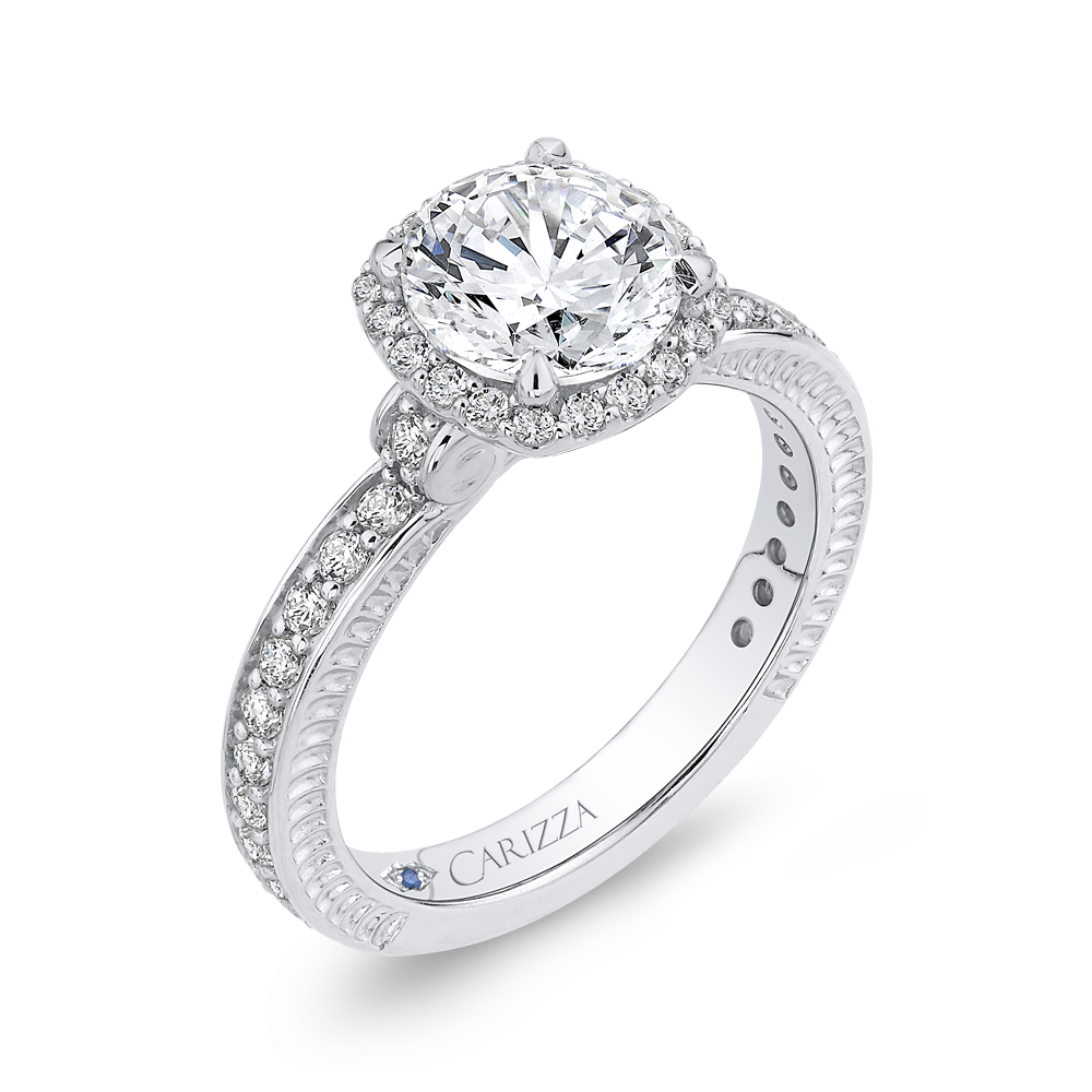 Round Diamond Halo Engagement Ring In 14K White Gold (Semi Mount)