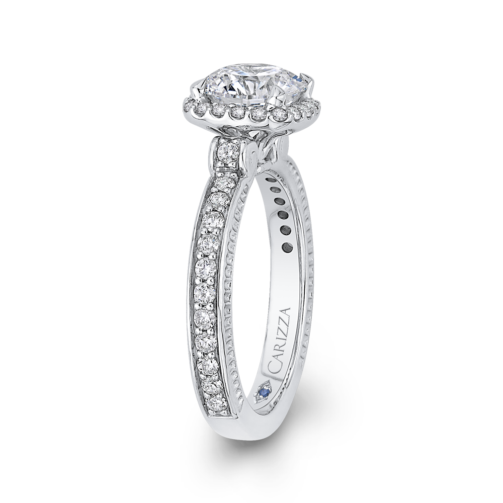 Round Diamond Halo Engagement Ring In 14K White Gold (Semi Mount)