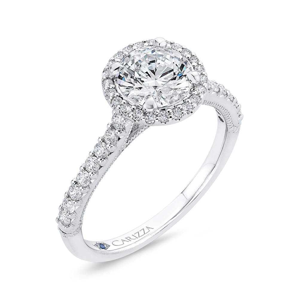 Round Diamond Halo Engagement Ring In 14K White Gold (Semi Mount)