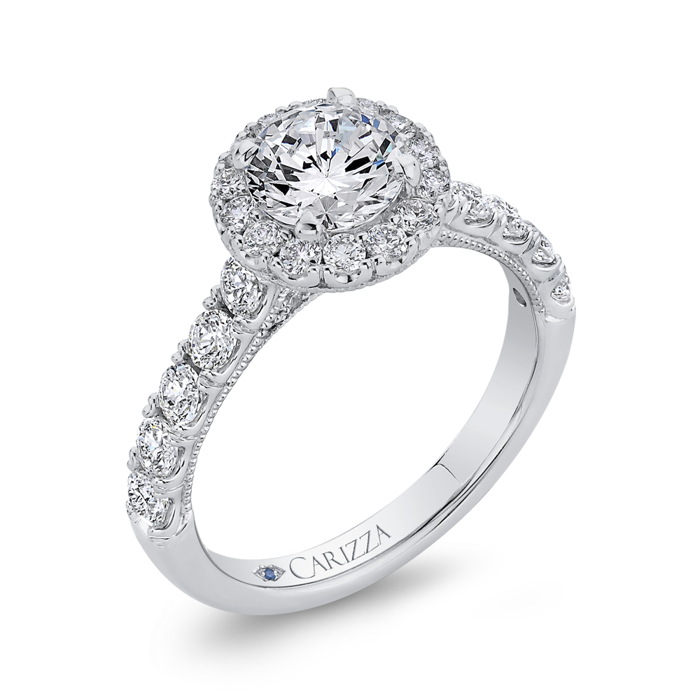 Round Halo Diamond Engagement Ring In 14K White Gold (Semi Mount)