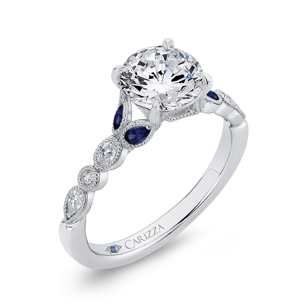 14K White Gold Round Diamond Engagement Ring with Sapphire (Semi Mount)