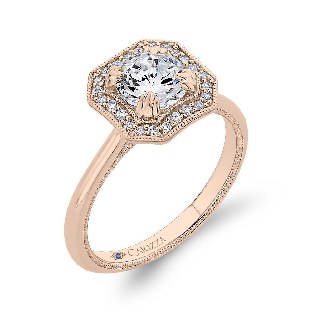 14K Rose Gold Round Diamond Halo Engagement Ring with Euro Shank (Semi Mount)