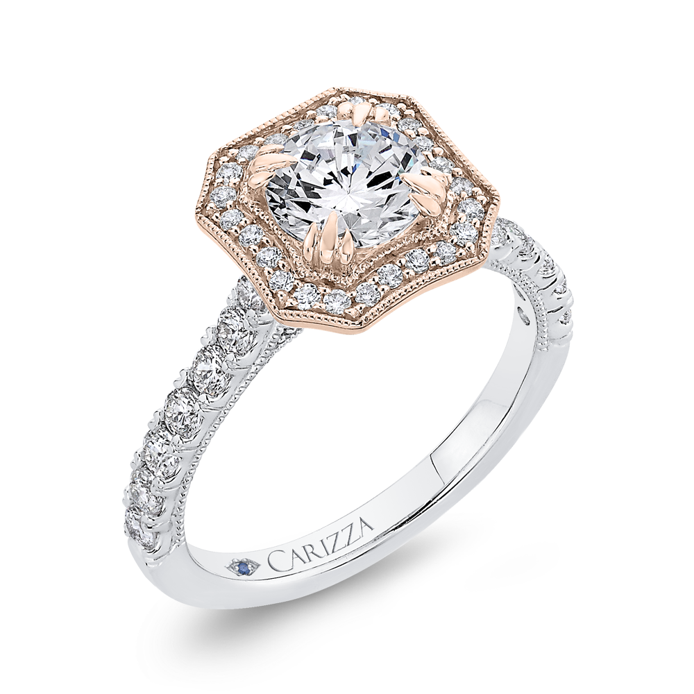 14K Two Tone Gold Round Diamond Halo Engagement Ring (Semi Mount)