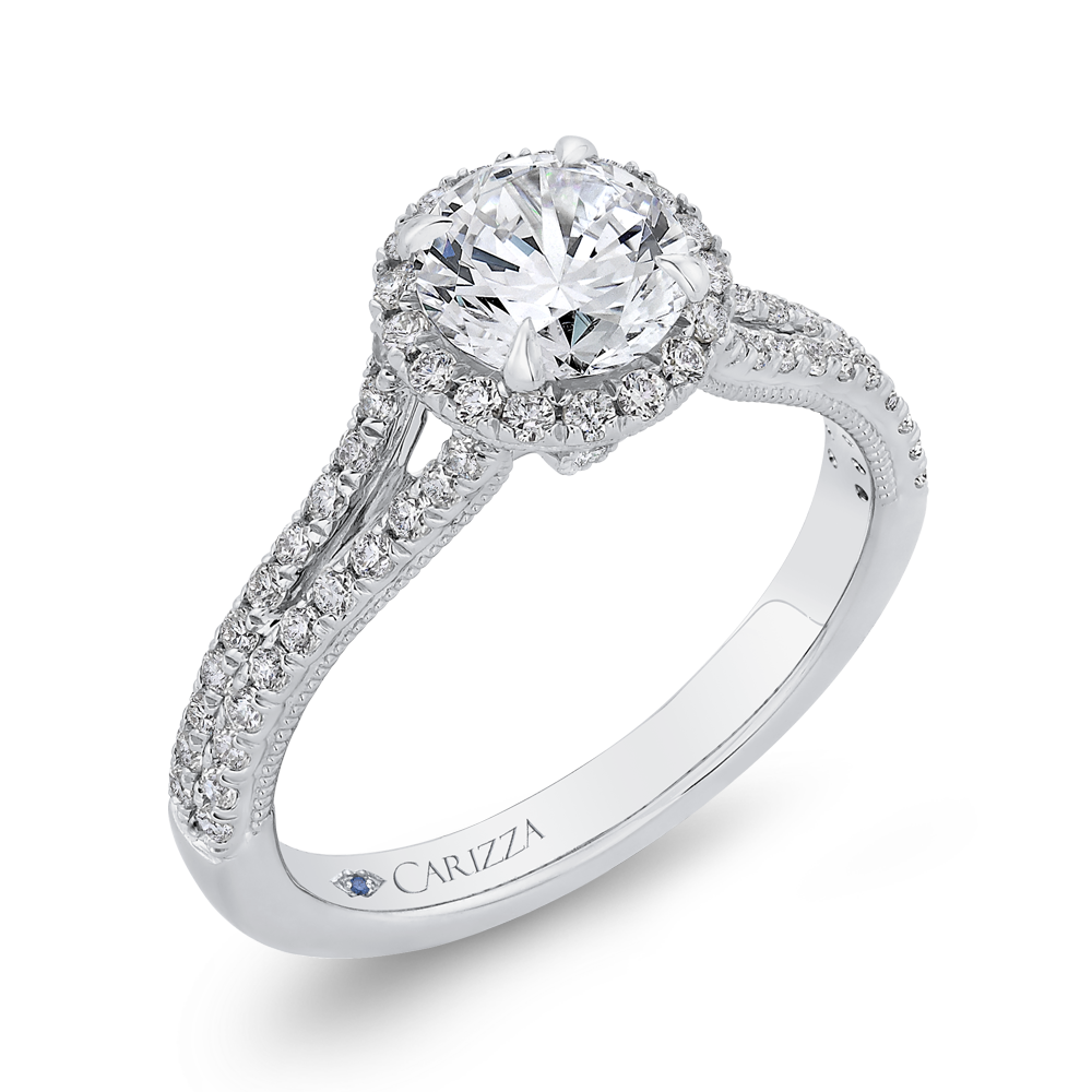 14K White Gold Round Diamond Halo Engagement Ring with Split Shank (Semi Mount)