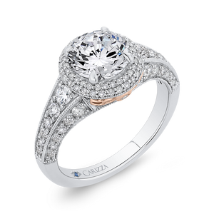 14K Two Tone Gold Round Cut Diamond Halo Engagement Ring (Semi Mount)