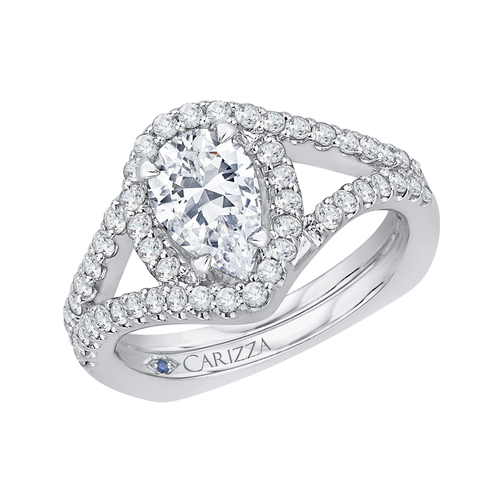 Pear Diamond Halo Engagement Ring In 14K White Gold with Split Shank (Semi Mount)