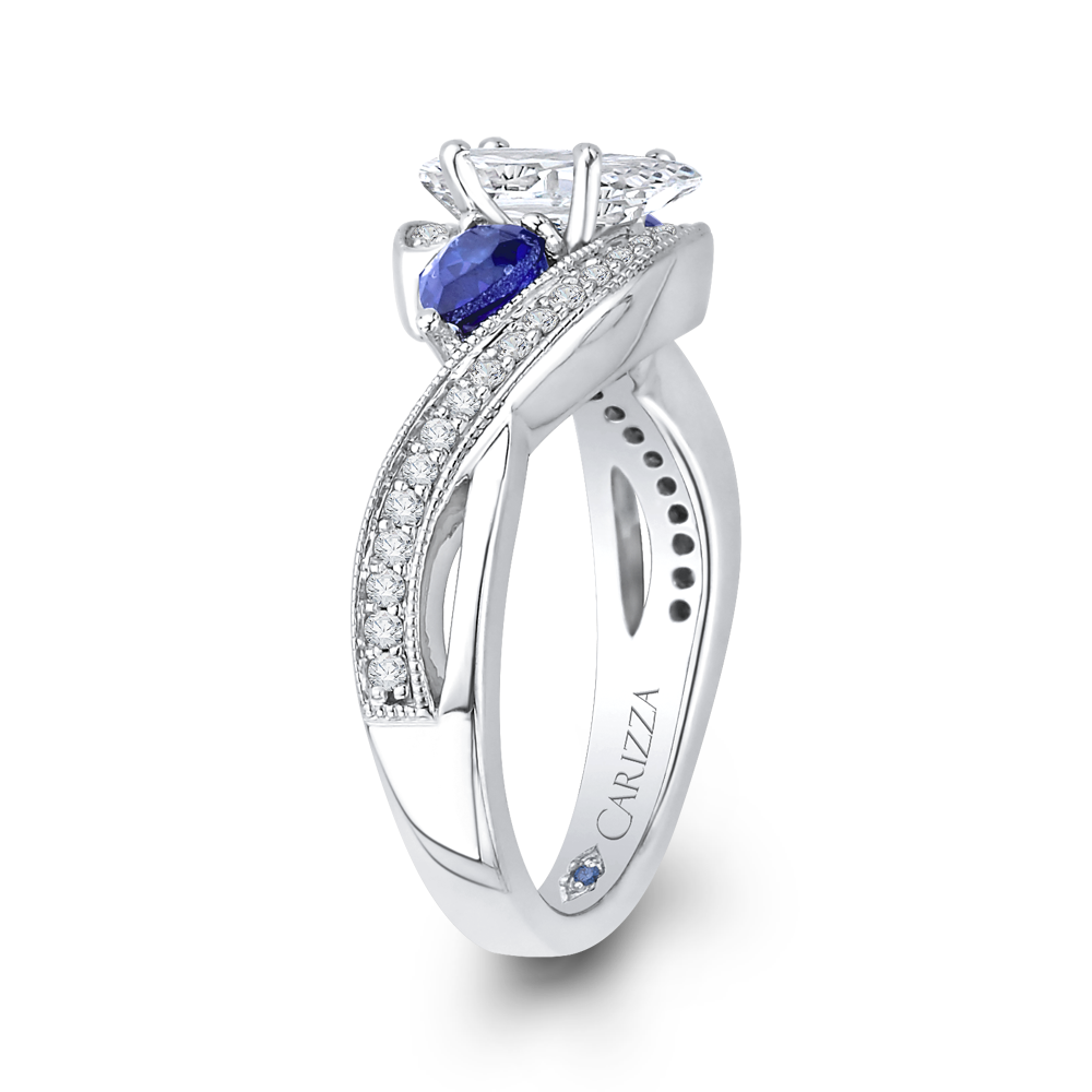 14K White Gold Pear Diamond Engagement Ring with Sapphire (Semi Mount)