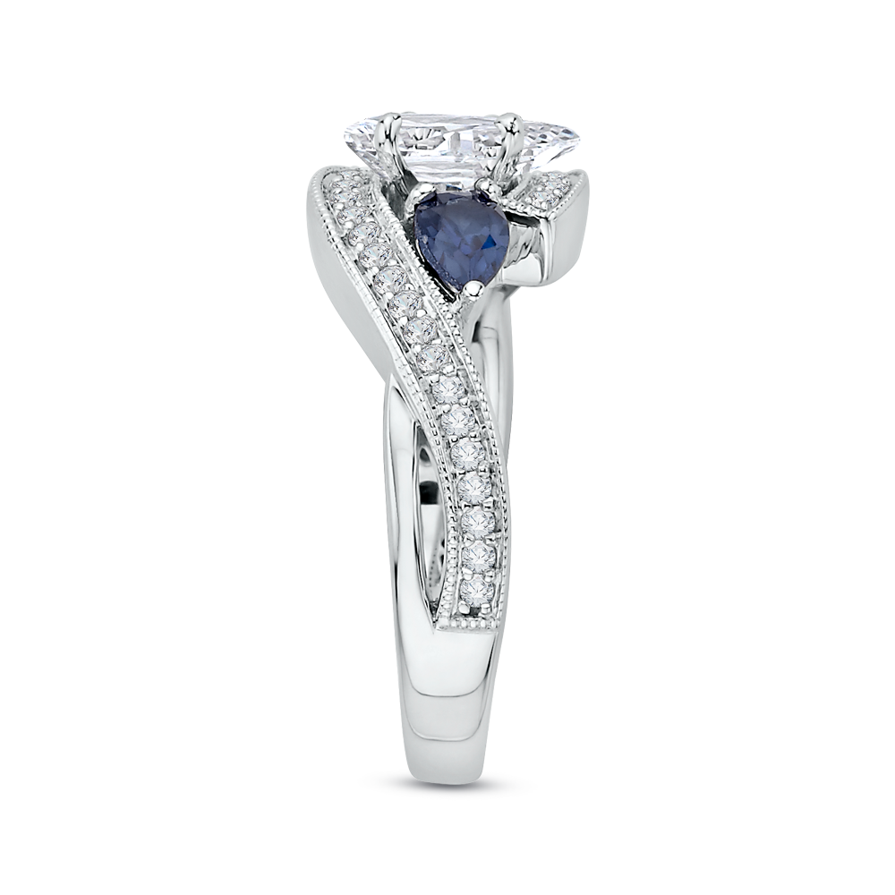 14K White Gold Pear Diamond Engagement Ring with Sapphire (Semi Mount)