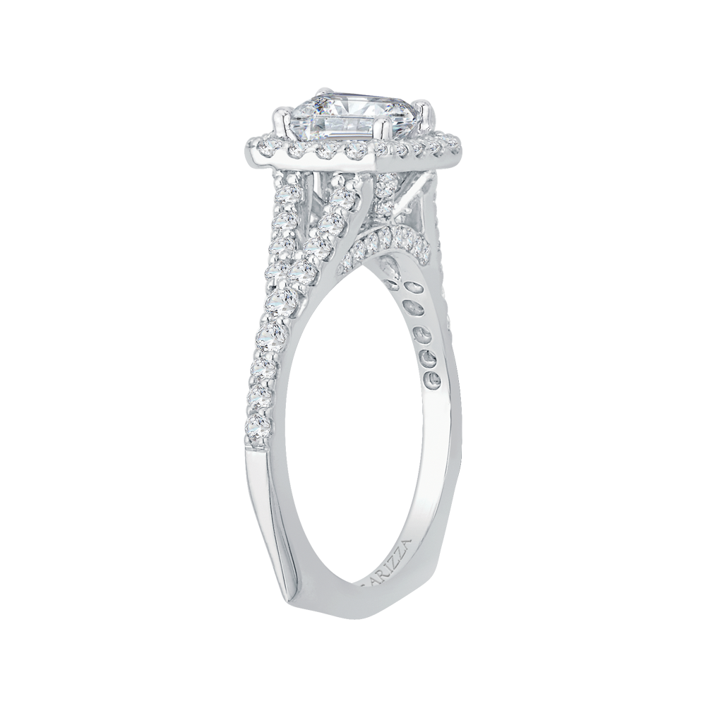 14K White Gold Emerald Cut Diamond Halo Engagement Ring with Split Shank (Semi Mount)