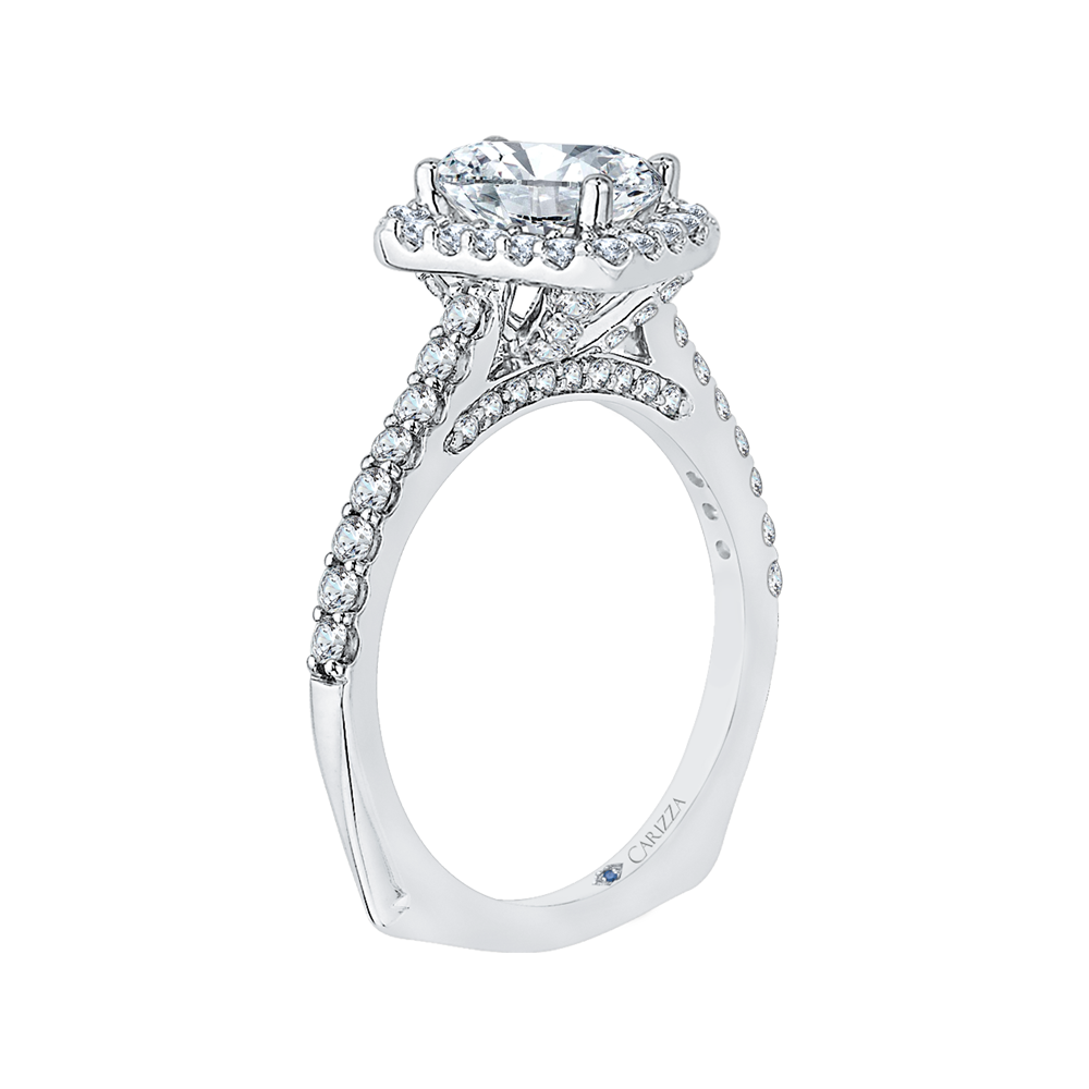 Emerald Cut Diamond Halo Engagement Ring In 14K White Gold (Semi Mount)