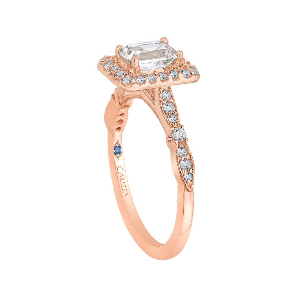 14K Rose Gold Emerald Cut Diamond Halo Vintage Engagement Ring (Semi Mount)