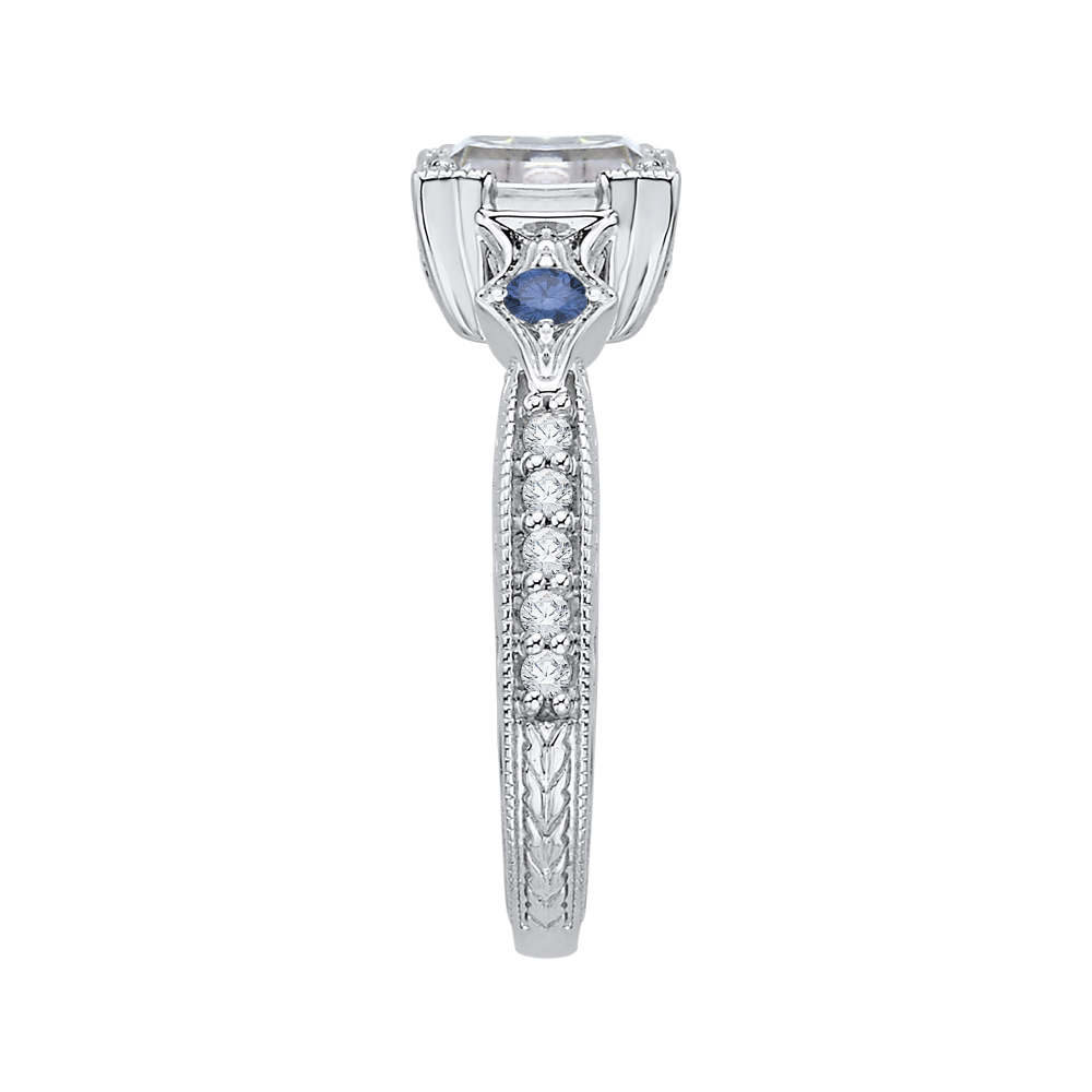 14K White Gold Emerald Cut Diamond Engagement Ring with Sapphire (Semi Mount)