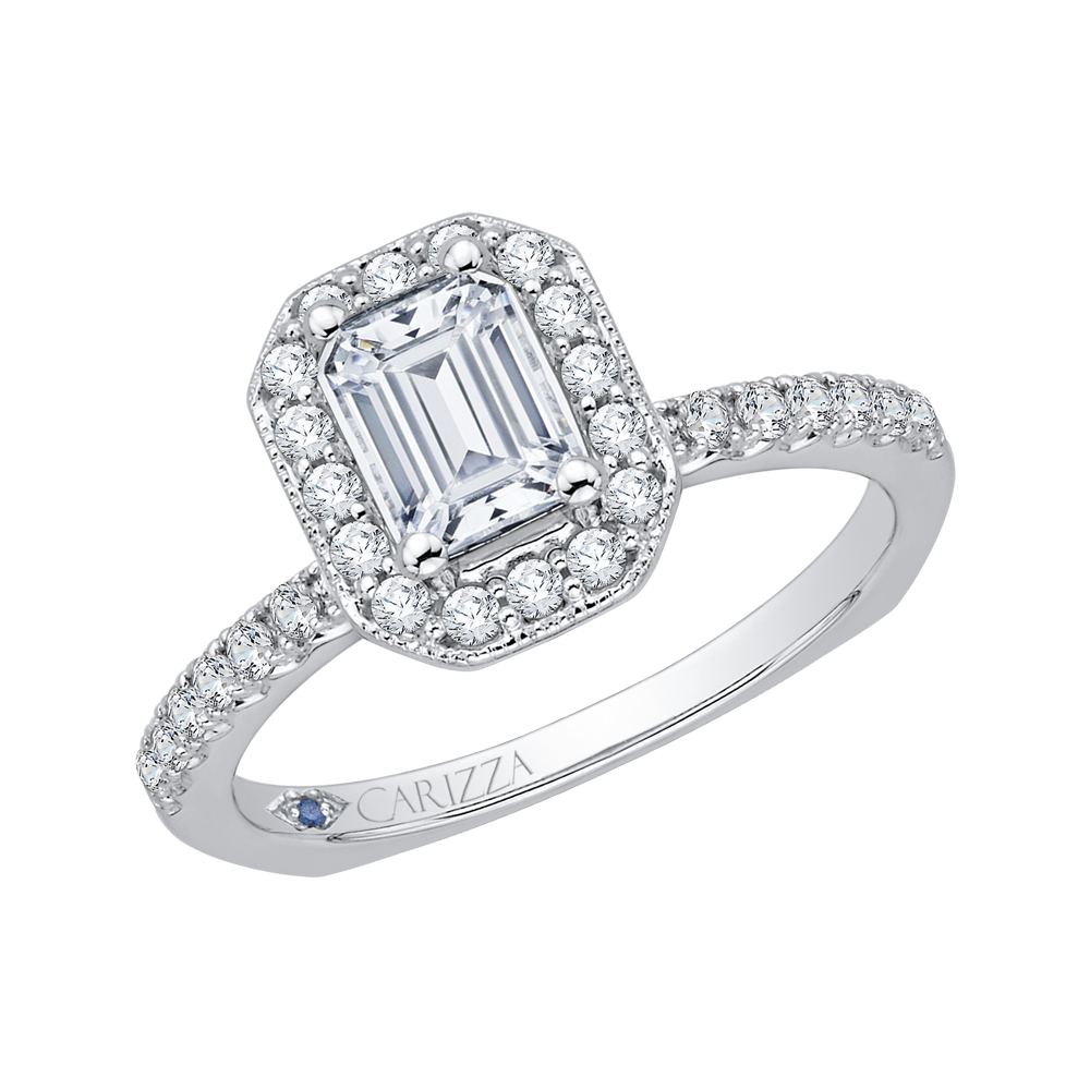 Emerald Cut Diamond Halo Engagement Ring In 14K White Gold (Semi Mount)