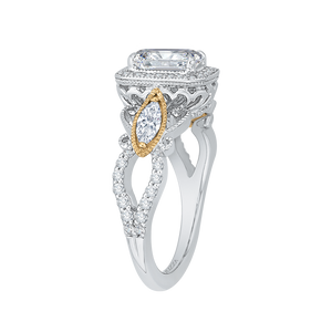 14K Two Tone Gold Emerald Cut Diamond Halo Engagement Ring (Semi Mount)