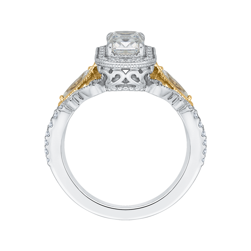 14K Two Tone Gold Emerald Cut Diamond Halo Engagement Ring (Semi Mount)