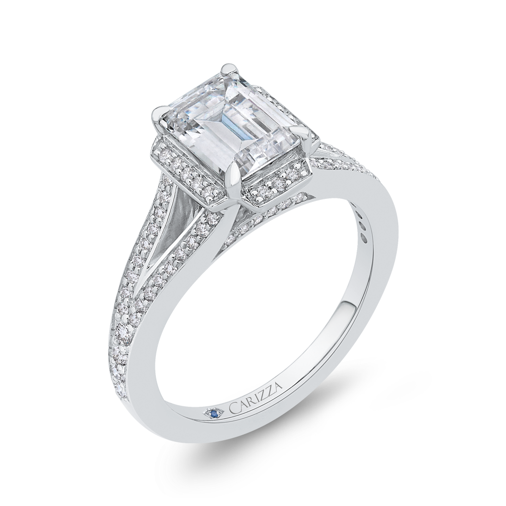 14K White Gold Emerald Cut Diamond Cathedral Style Engagement Ring with Split Shank (Semi Mount)