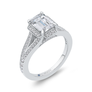 14K White Gold Emerald Cut Diamond Cathedral Style Engagement Ring with Split Shank (Semi Mount)