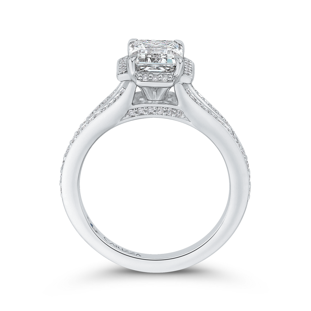 14K White Gold Emerald Cut Diamond Cathedral Style Engagement Ring with Split Shank (Semi Mount)