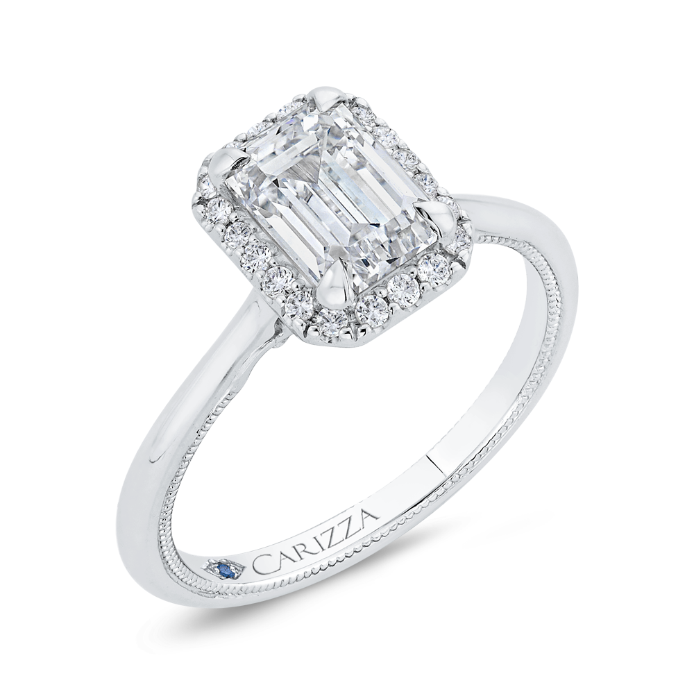 14K White Gold Emerald Cut Diamond Halo Engagement Ring (Semi Mount)