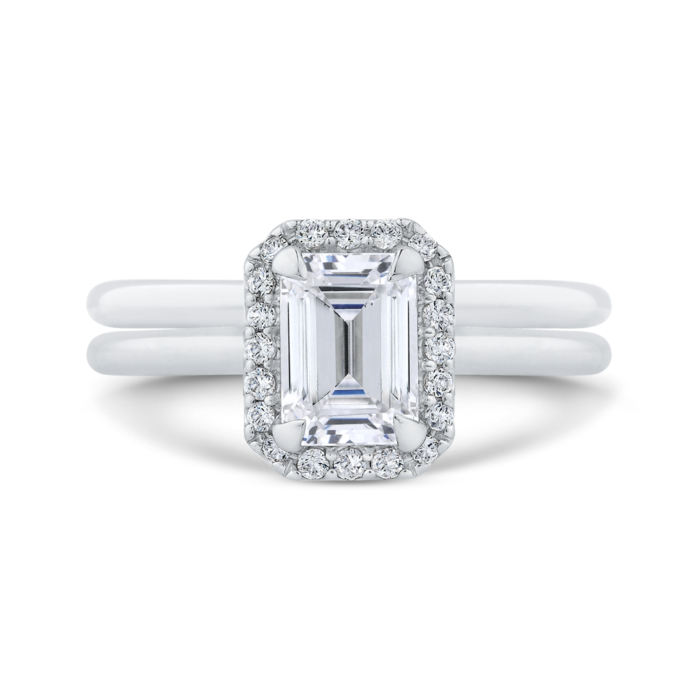 14K White Gold Emerald Cut Diamond Halo Engagement Ring (Semi Mount)