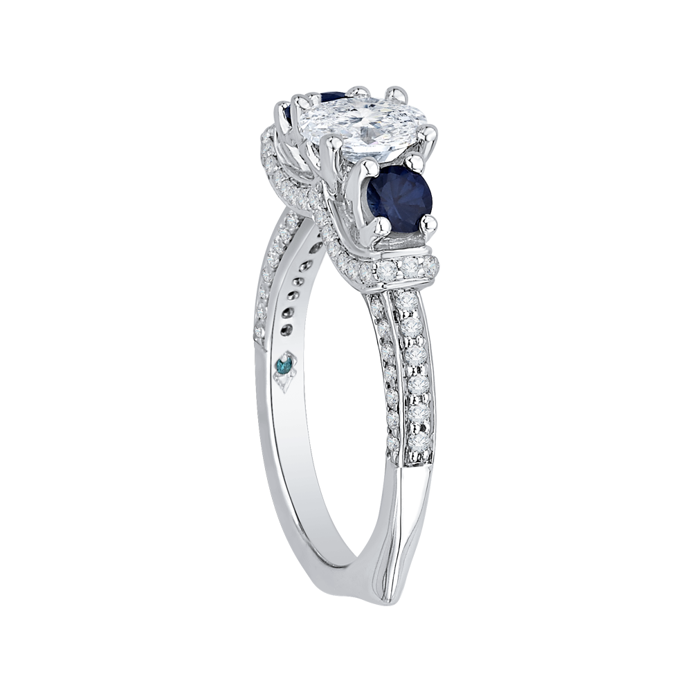 14K White Gold Oval Diamond With Sapphire Three Stone Engagement Ring (Semi Mount)