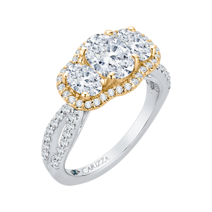 14K Two Tone Gold Oval Cut Diamond Three Stone Halo Engagement Ring (Semi Mount)