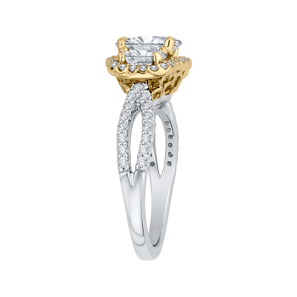 14K Two Tone Gold Oval Cut Diamond Three Stone Halo Engagement Ring (Semi Mount)