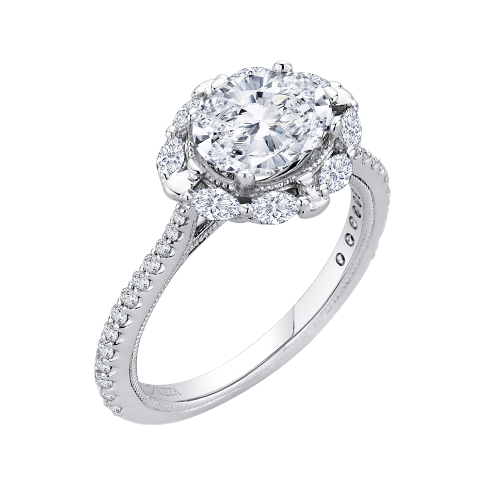 Oval Diamond Halo Engagement Ring In 14K White Gold (Semi Mount)