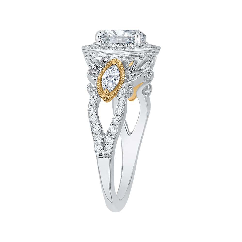 14K Two Tone Gold Oval Diamond Halo Engagement Ring (Semi Mount)