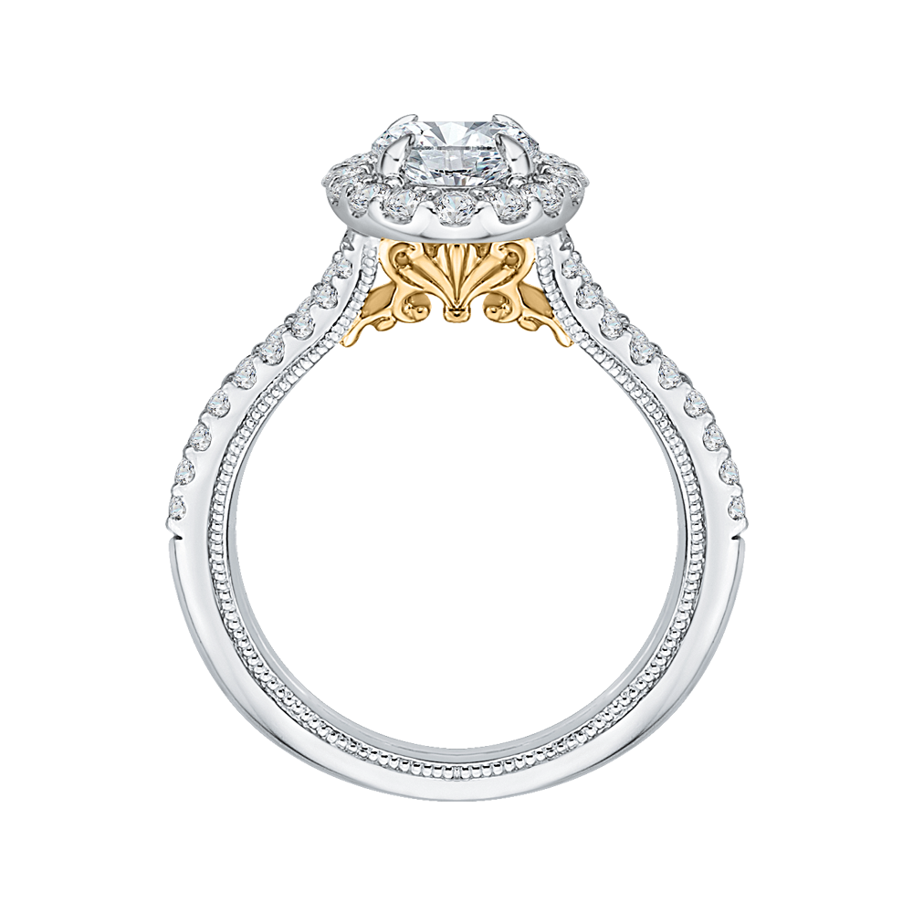 14K Two Tone Gold Oval Diamond Halo Vintage Engagement Ring with Split Shank (Semi Mount)