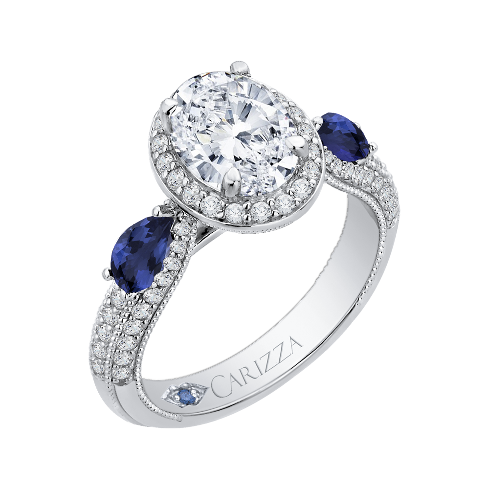 14K White Gold Oval Diamond Halo Engagement Ring with Sapphire (Semi Mount)