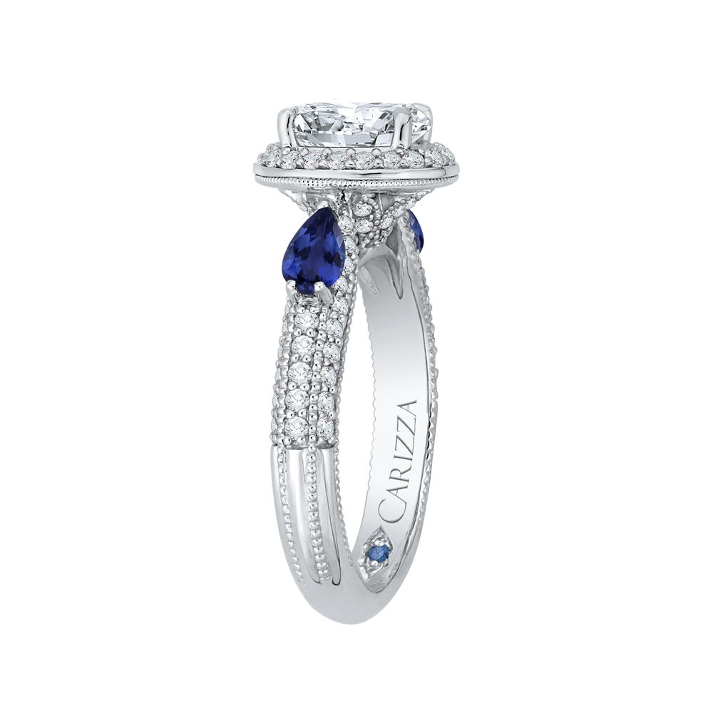 14K White Gold Oval Diamond Halo Engagement Ring with Sapphire (Semi Mount)