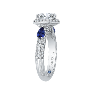 14K White Gold Oval Diamond Halo Engagement Ring with Sapphire (Semi Mount)