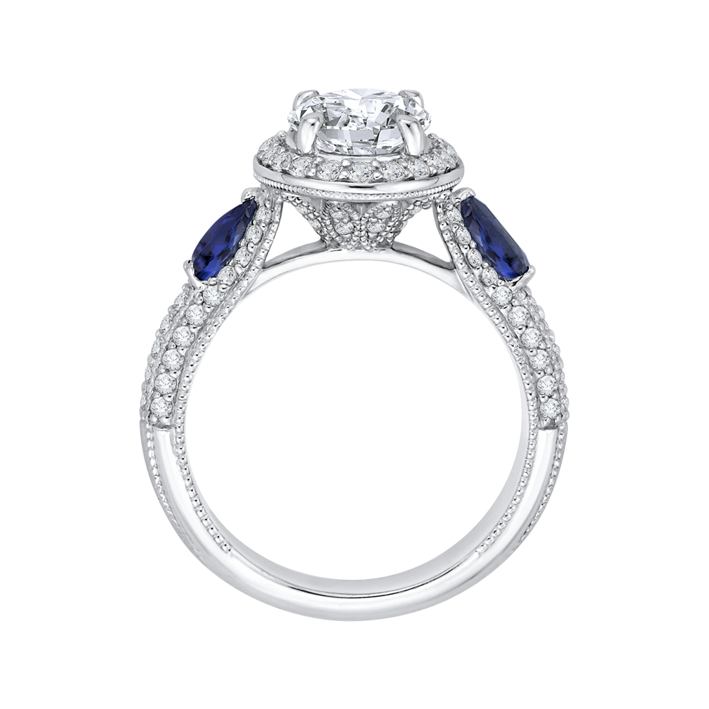 14K White Gold Oval Diamond Halo Engagement Ring with Sapphire (Semi Mount)