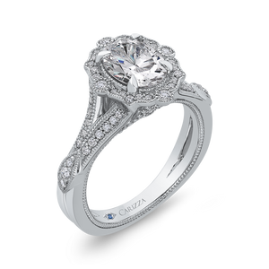 Oval Diamond Halo Engagement Ring In 14K White Gold with Split Shank (Semi Mount)