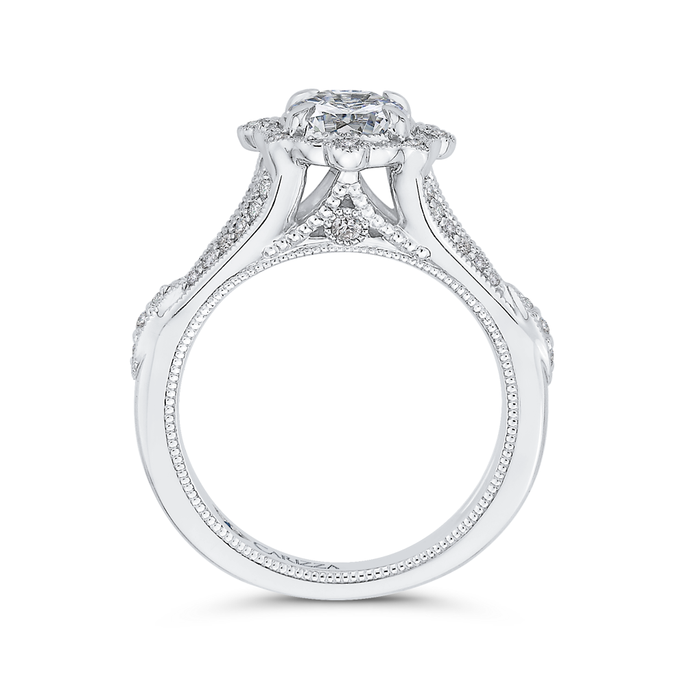 Oval Diamond Halo Engagement Ring In 14K White Gold with Split Shank (Semi Mount)