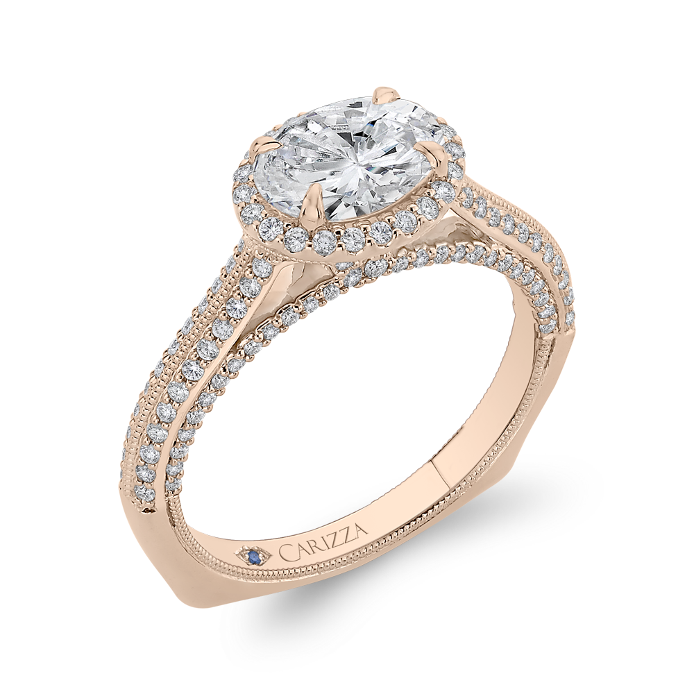 14K Rose Gold Oval Diamond Halo Engagement Ring with Euro Shank (Semi Mount)