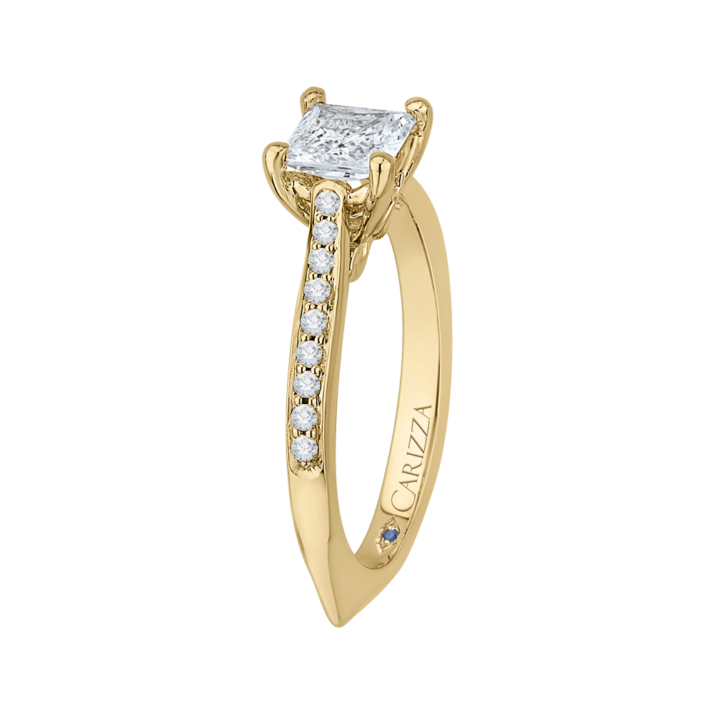 14K Yellow Gold Princess Cut Diamond Solitaire with Accents Engagement Ring (Semi Mount)