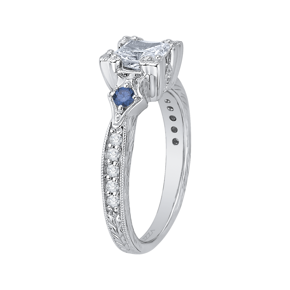 14K White Gold Princess Diamond Engagement Ring with Sapphire (Semi Mount)