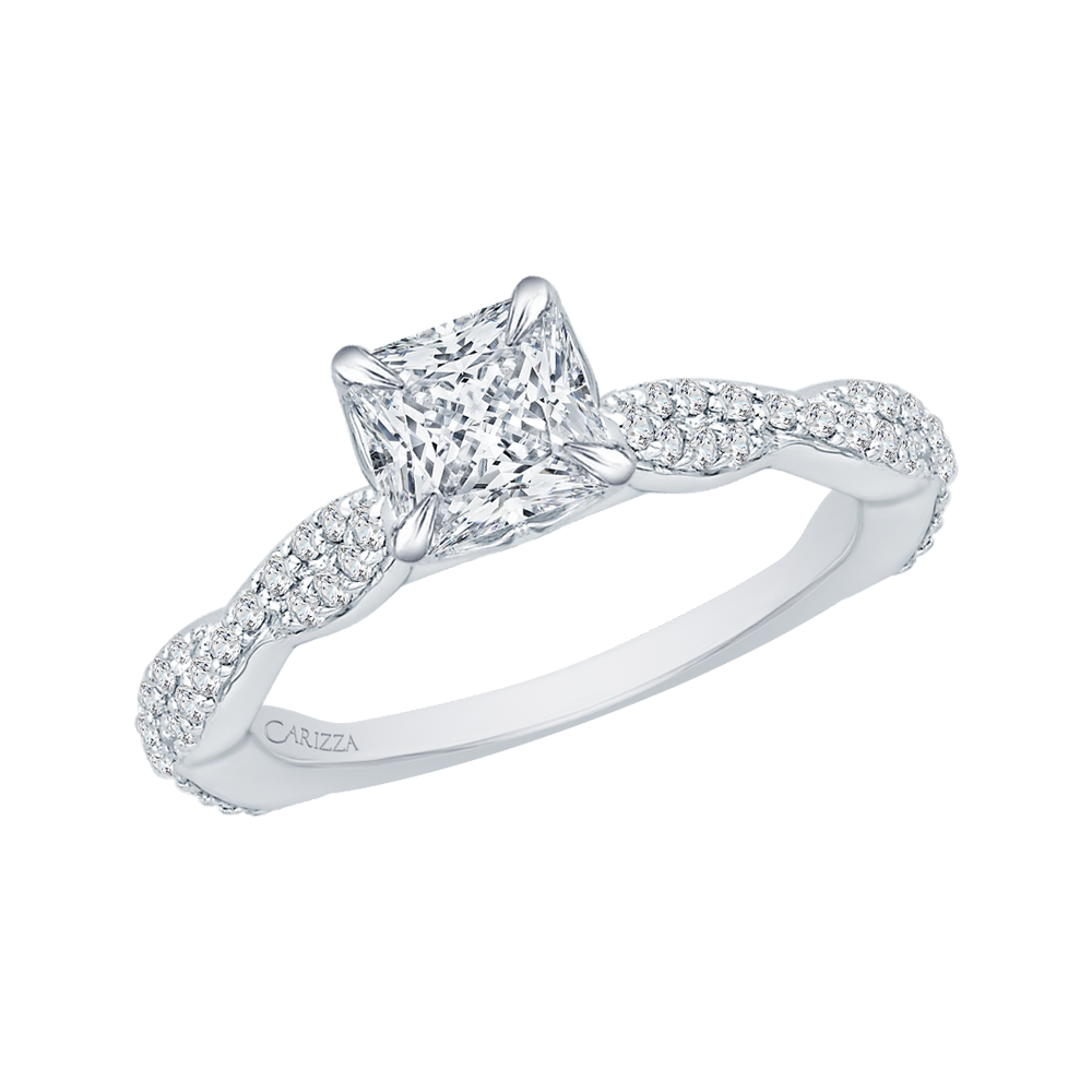 14K White Gold Princess Diamond Engagement Ring with Criss Cross Shank (Semi Mount)