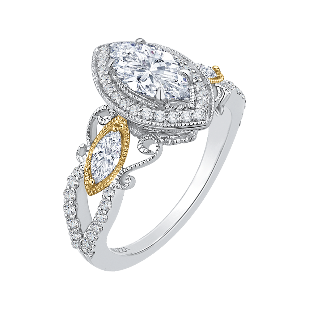 14K Two Tone Gold Marquise Diamond Halo Engagement Ring (Semi Mount)