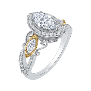 14K Two Tone Gold Marquise Diamond Halo Engagement Ring (Semi Mount)