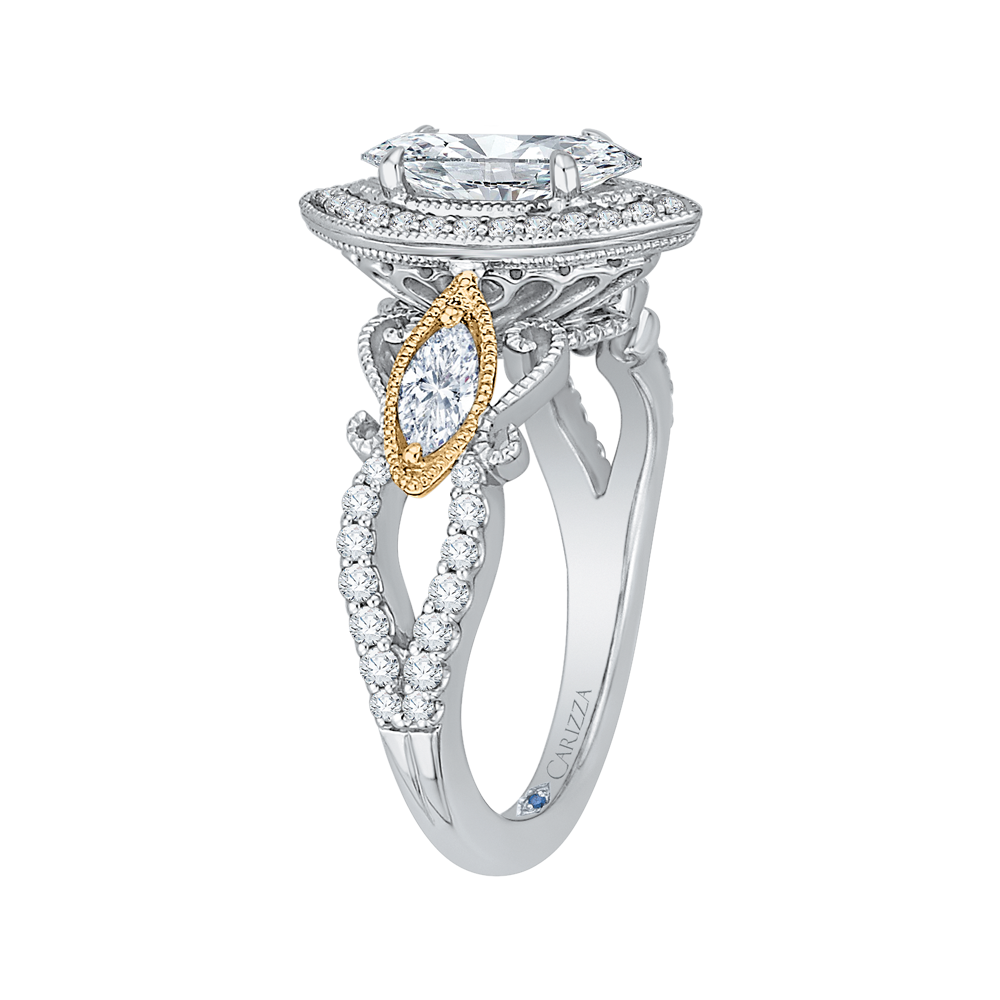 14K Two Tone Gold Marquise Diamond Halo Engagement Ring (Semi Mount)